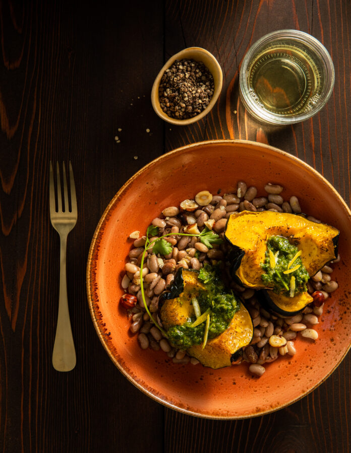 ROASTED ACORN SQUASH WITH LEMONY PINTO BEANS & ZHOUG