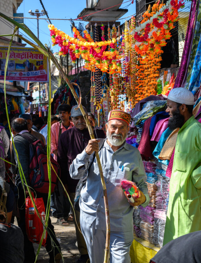 A man holds a long stick in the center of a colorful valley.
