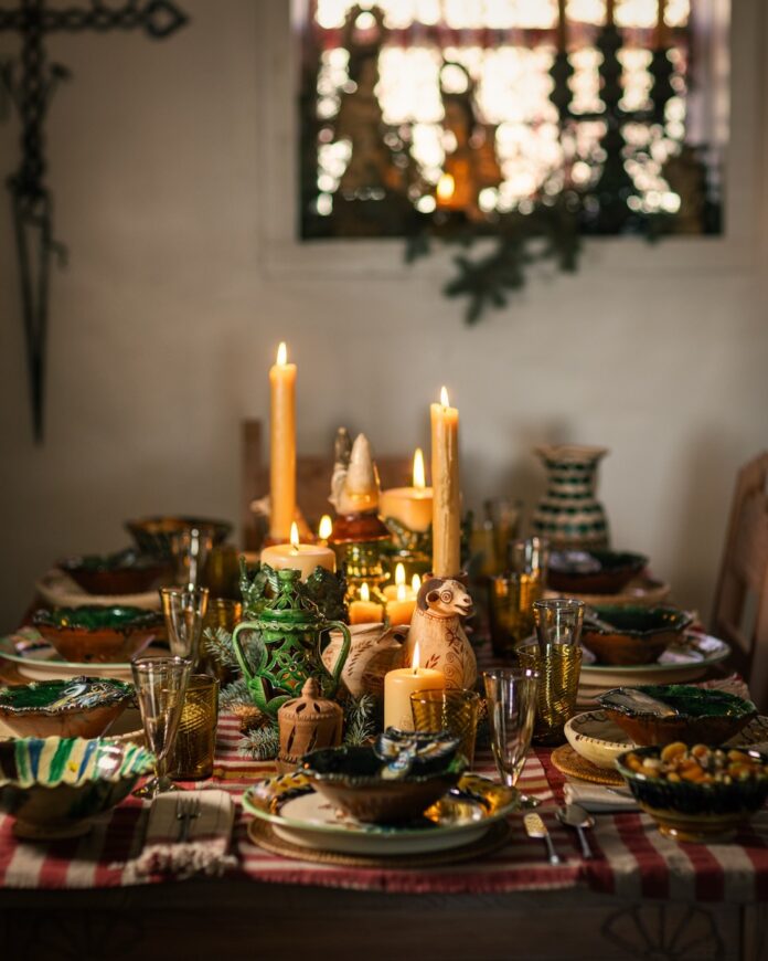 A gorgeous solstice table set by Hayward Simoneaux with artisanal wares from his Truchas boutique, Eight Million Gods