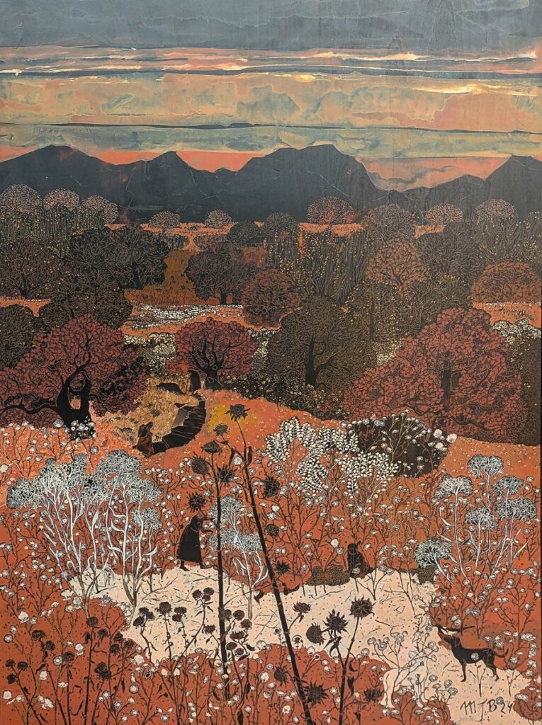 A painting titled 'Searching for the Way' by Monique Belitz, featuring a dark mountain landscape over a foreground of orange, black, and white foliage with small figures.