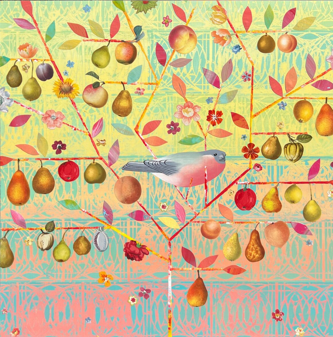Mixed media painting by Diana Stetson featuring a small gray and pink bird perched on a fruit tree with pears, peaches, and apples against a yellow and blue patterned background.