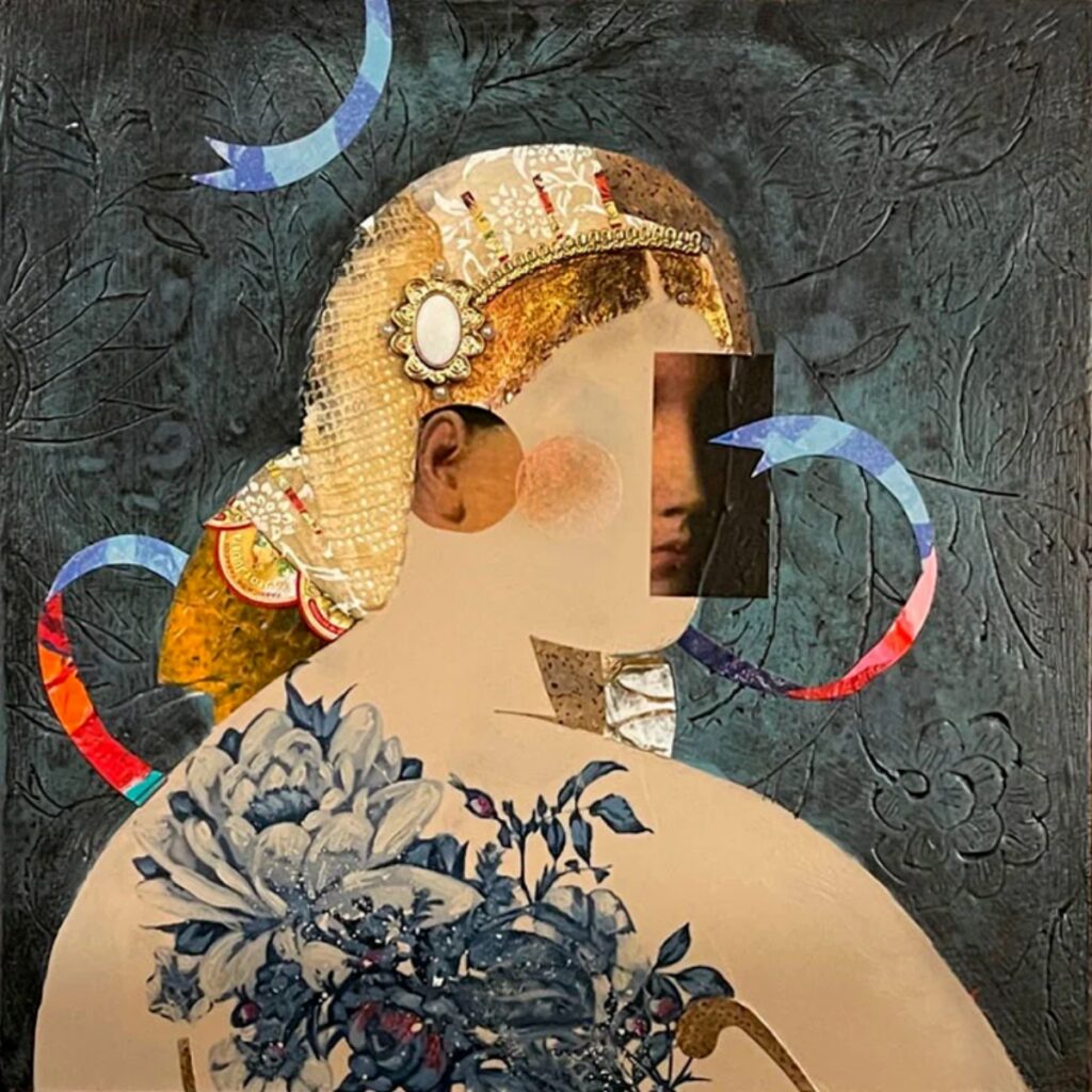 Mixed media artwork 'Influencer: Ingres' by Darlene Olivia McElroy, a collage portrait with a floral tattoo, gold headdress, and dark textured background.