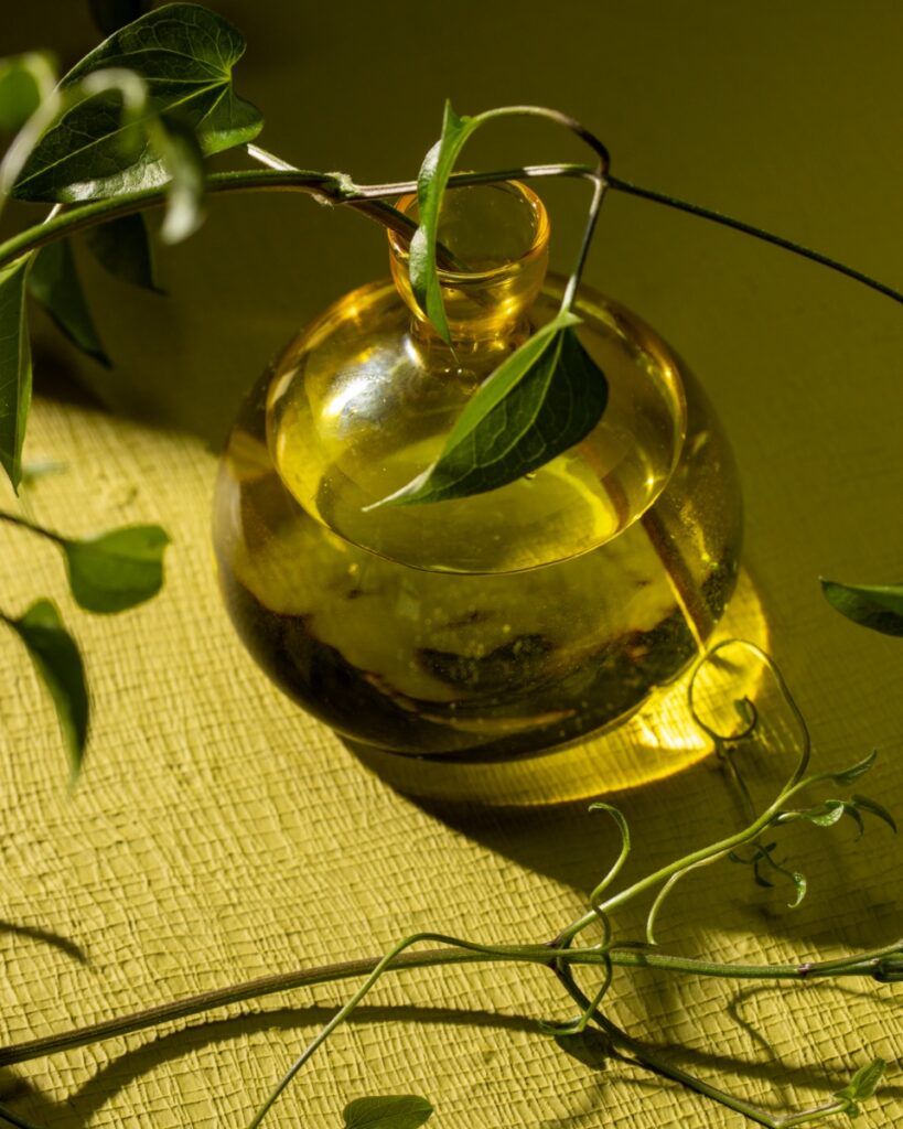 An amber glass acorn vase on a green surface, designed for sprouting an acorn, with green vines draped around it.