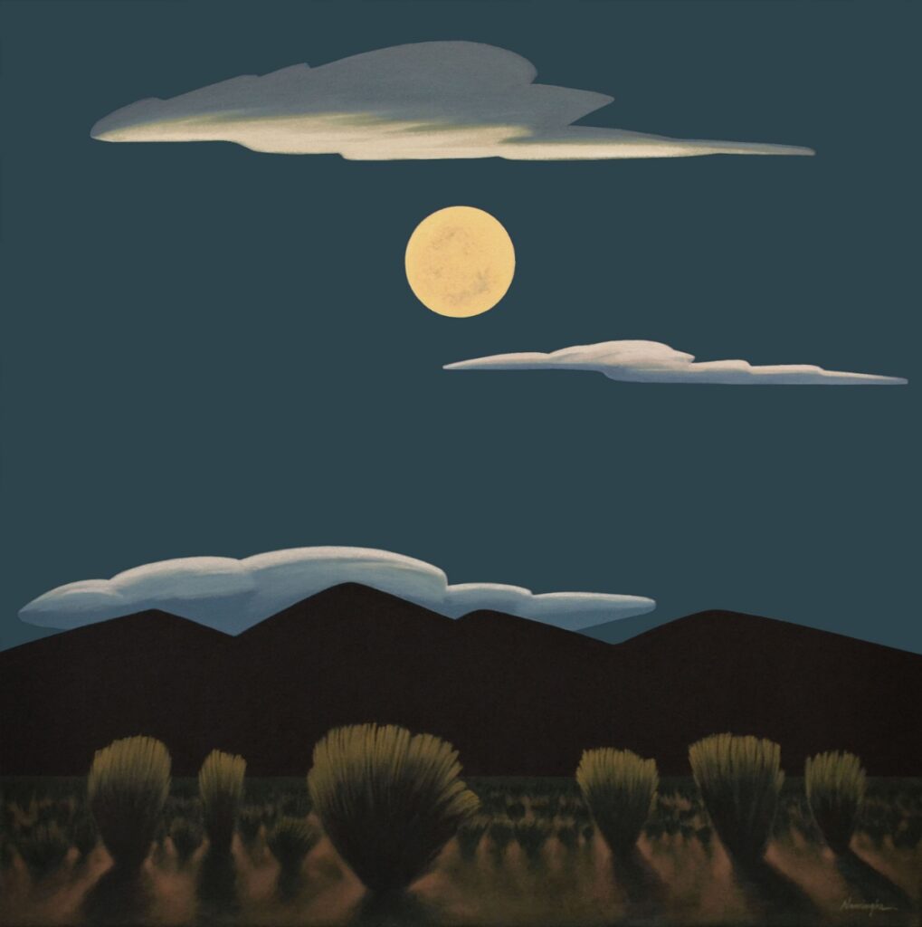 Acrylic on canvas painting by Dan Namingha titled 'Summer Night', depicting a minimalist dark blue landscape under a full moon and stylized clouds.