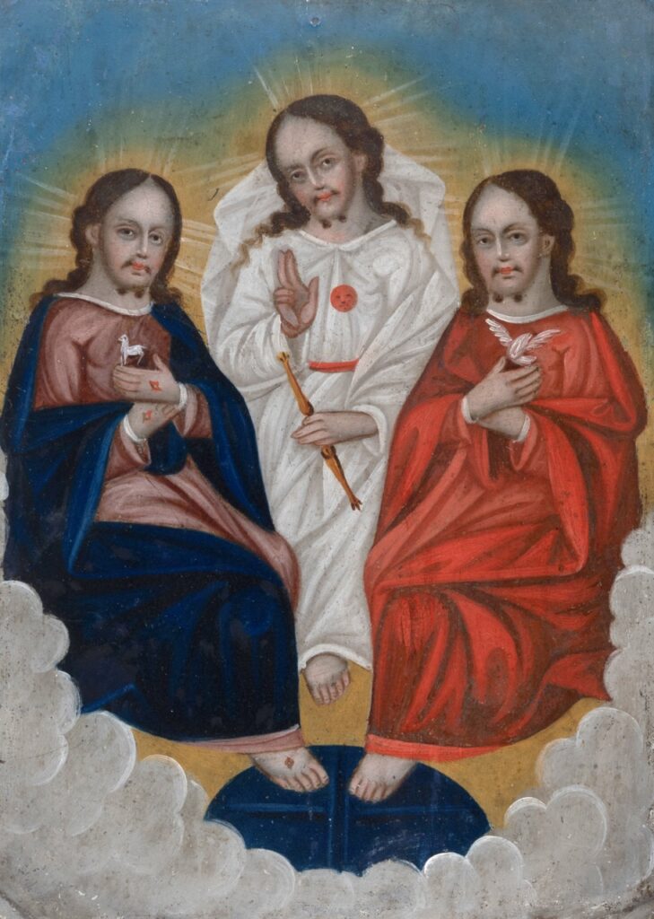 A painting of three saints in a sky.