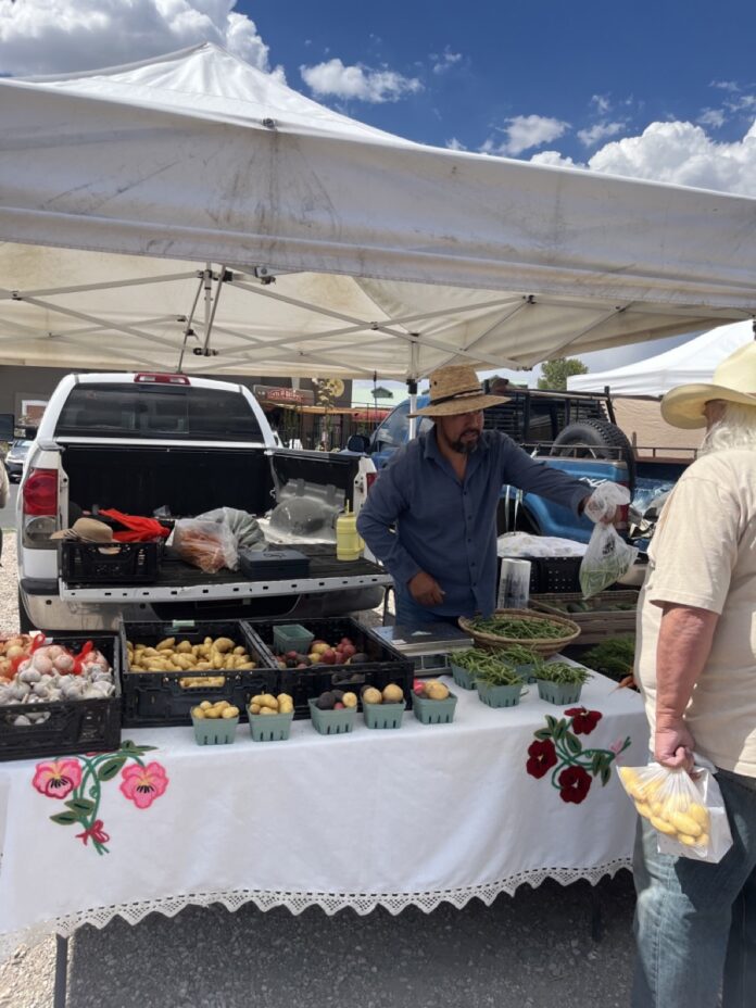 A man looks over food on a white table under a white tent.