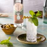 A clear cocktail in a collins glass with mint and lemon twist garnish and a clear bottle of liquor in the back.