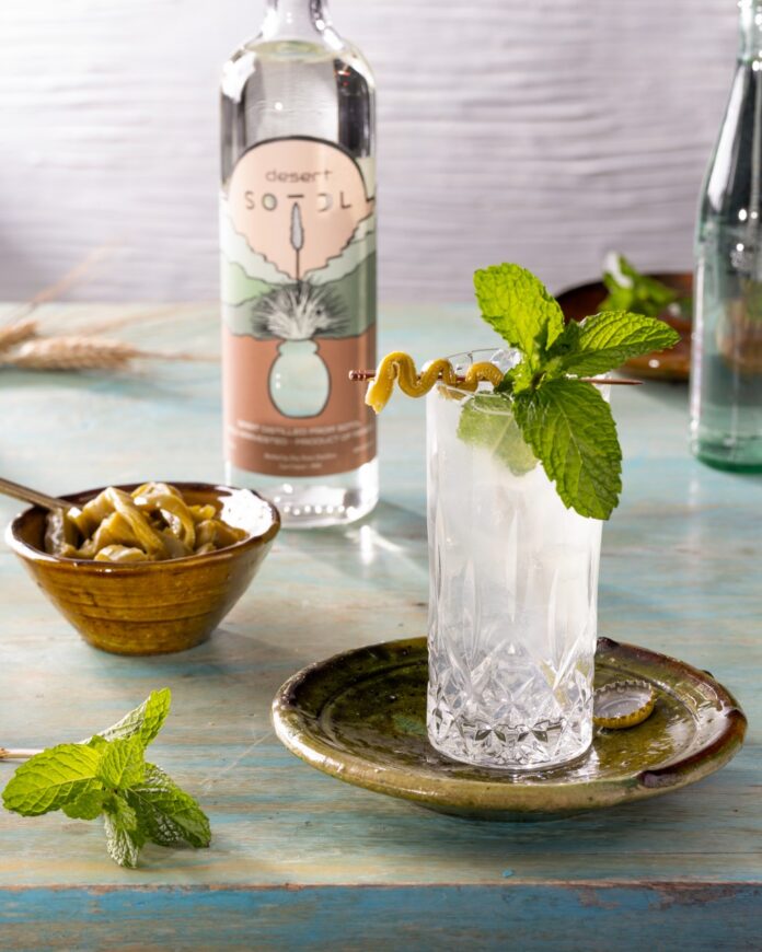 A clear cocktail in a collins glass with mint and lemon twist garnish and a clear bottle of liquor in the back.