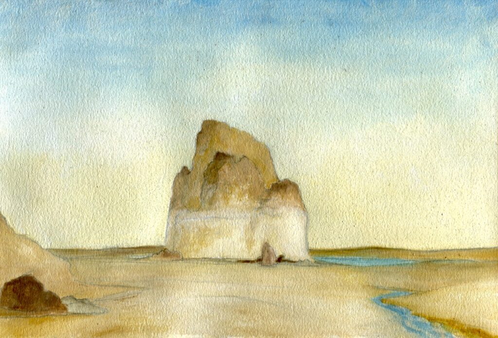 A painting of a dessert landscape with a river running down,