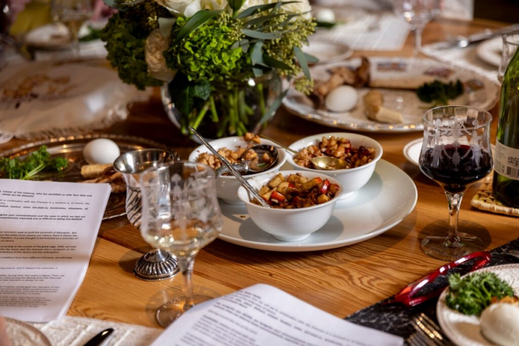 A small ceramic bowl of charoset, a traditional fruit and nut mixture served at a Passover Seder in Santa Fe.