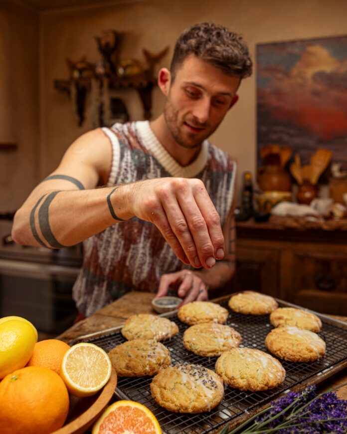 Pastry chef Chase Maus serving a Lime and Pink Peppercorn Meringue Pie to friends at an afternoon tea in a historic Santa Fe home.