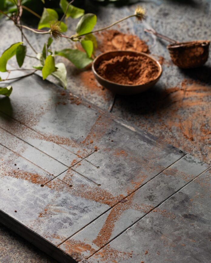 A dark, moody overhead shot of a gray and blue tiled surface dusted with cocoa powder, featuring a small bowl of cocoa powder and a vine with green leaves in the upper corner, suggesting baking.