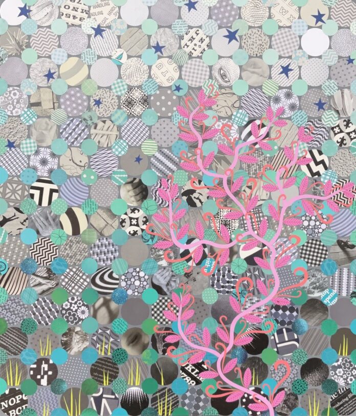 Weird pattern circles arranged on a grid with pink vines growing upwards.