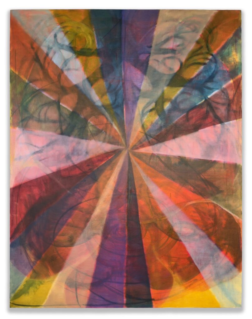 A rainbow in a circle with various paints over top.