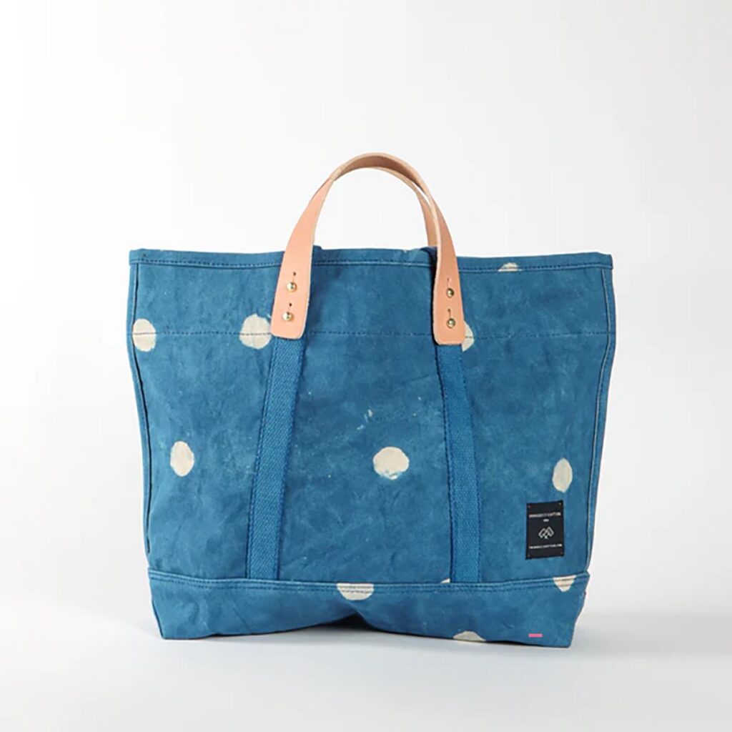 A blue bag with leather handles and white dots.