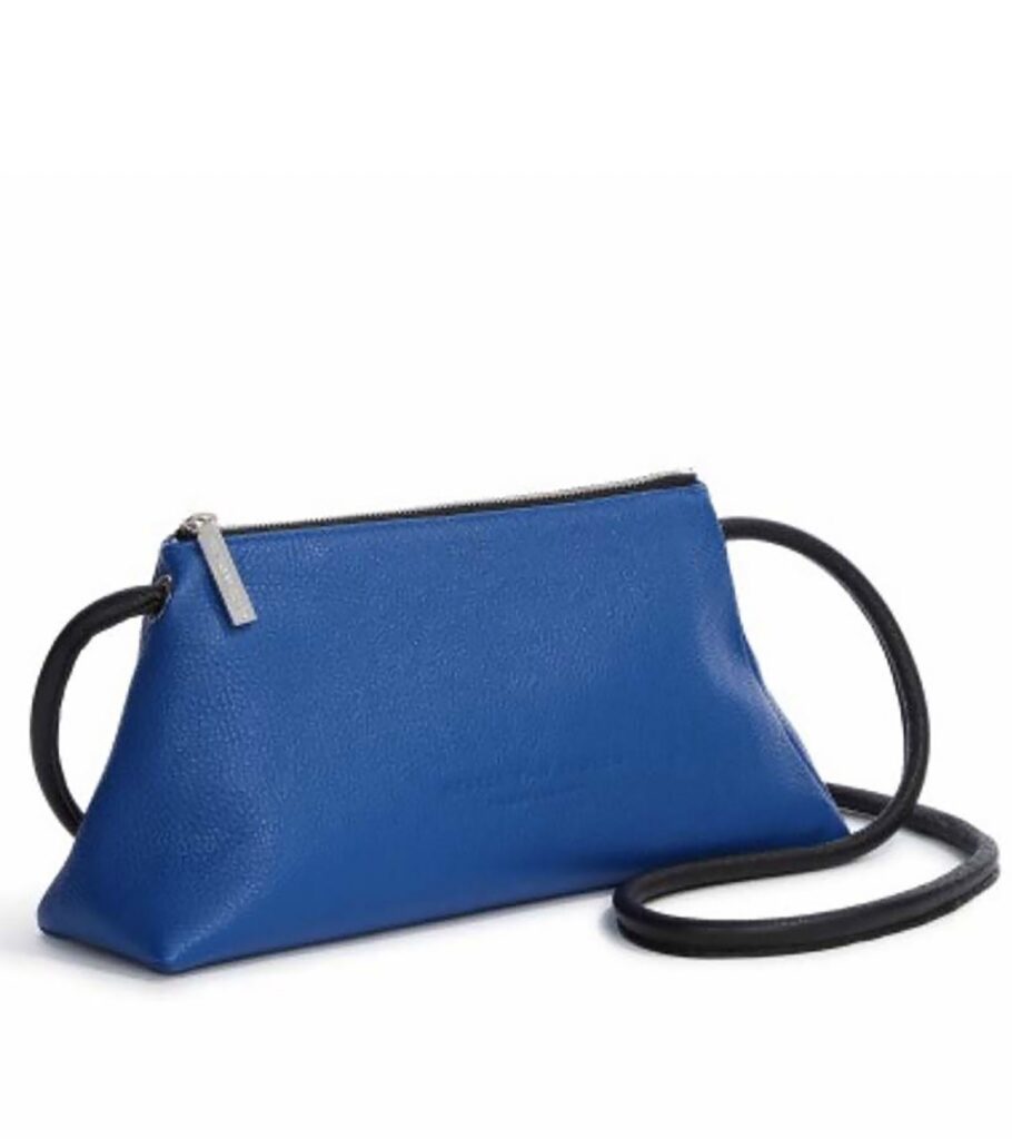 A small blue bag with a long black strap.