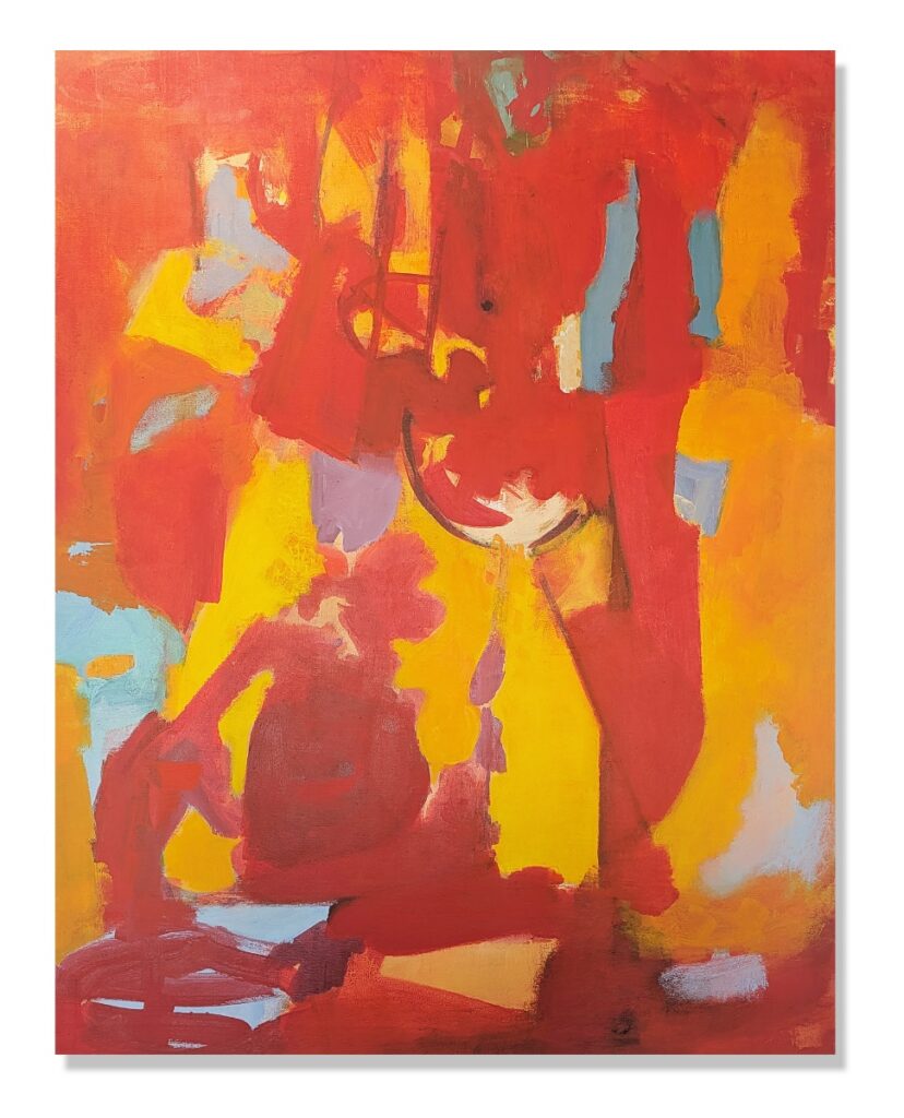Abstract Modernist oil painting by Louis Ribak featuring bold strokes of red, yellow, and orange with light blue accents.