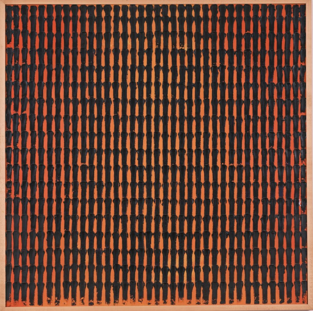 Olin West abstract painting from the Timescapes series featuring vertical black geometric forms on a vibrant orange background.