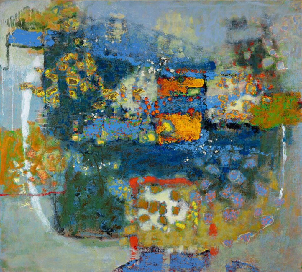 Abstract landscape painting by Rick Stevens titled "Patterns that Connect" featuring textured layers of blue, green, and orange.