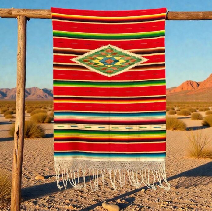 A red striped New Mexico textile cloth hangs over a wood frame in the desert.