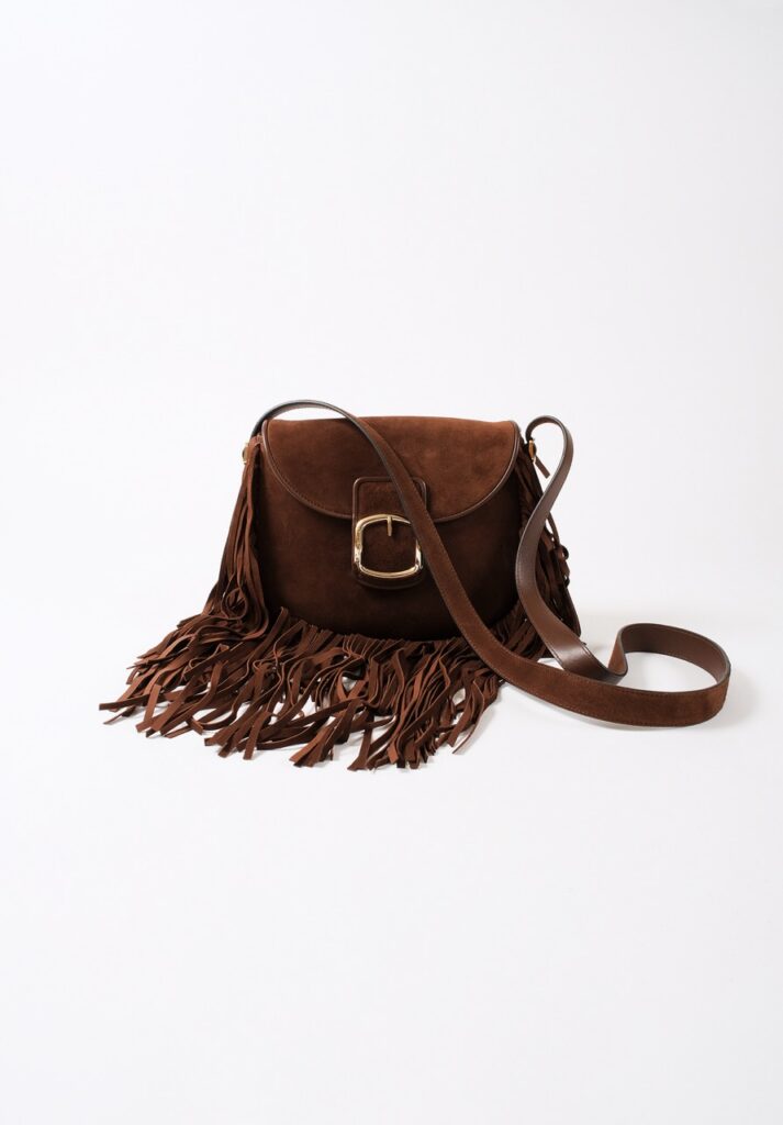 A brown leather bag with fringe hanging off.