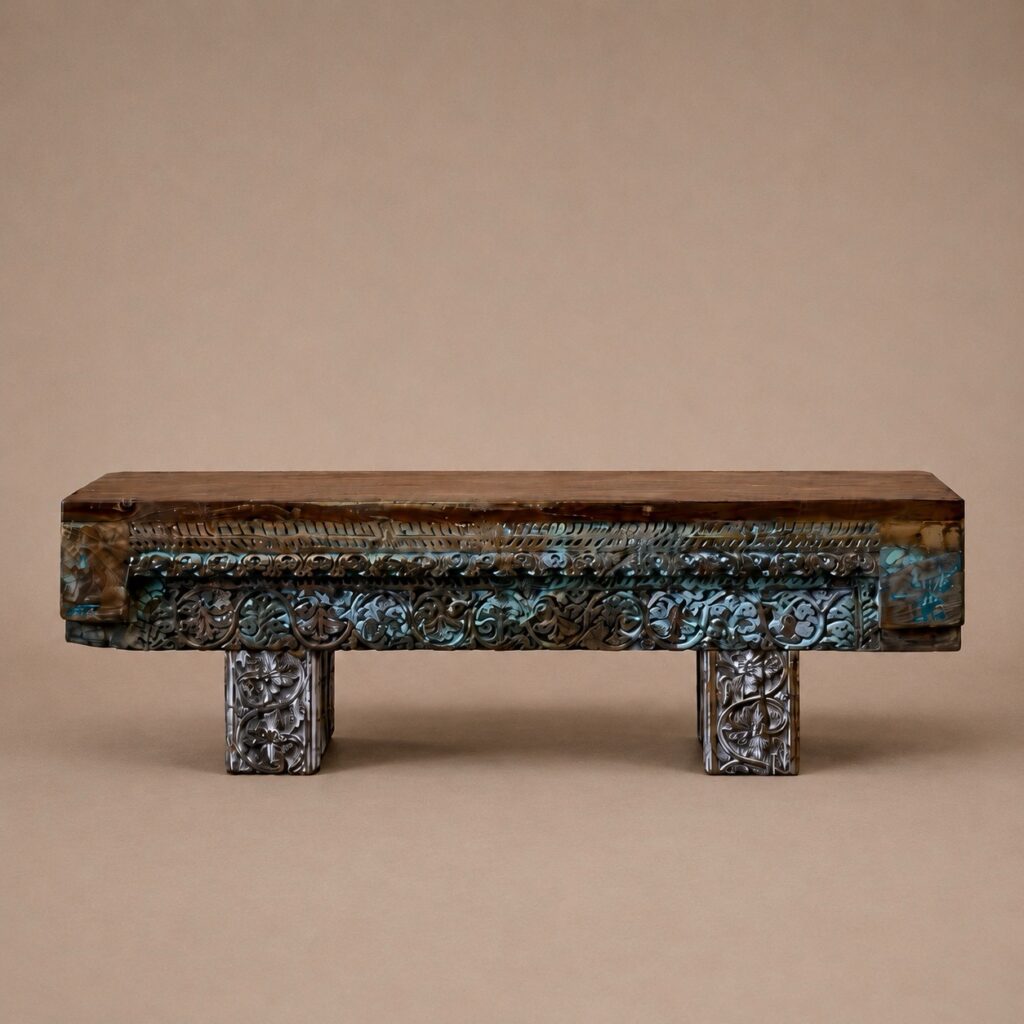 A short bench in a ruse and blue pattern color.