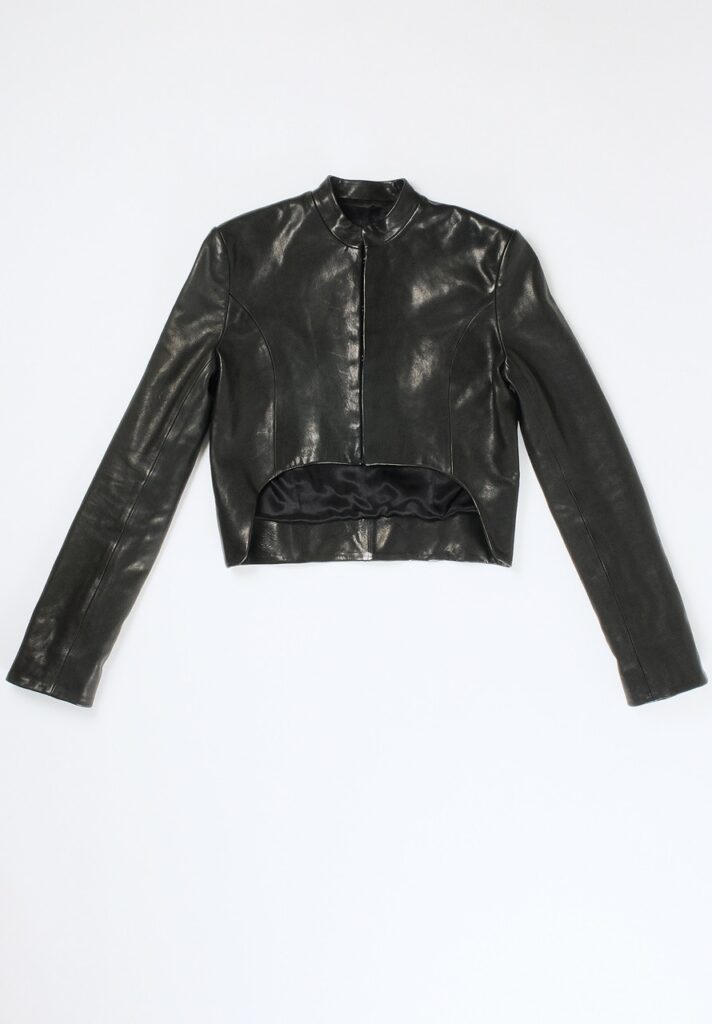 A black leather jacket with a crop front.