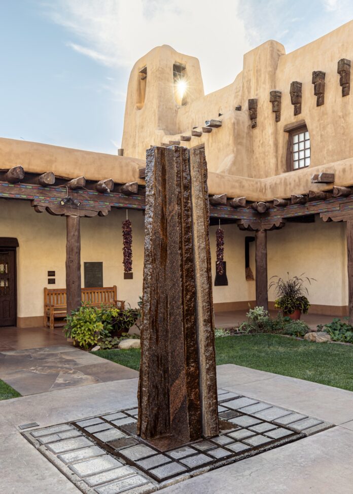 A sculpture in the courtyard outside of the New Mexico Museum of Art in Santa Fe