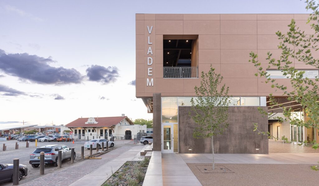 An outdoor view of the Vladem Contemporary art museum in Santa Fe.