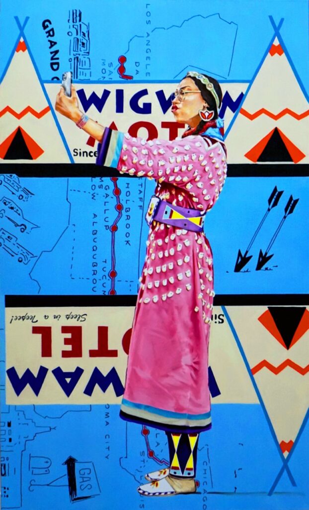 A native person in long pink robes in front of a blue background with tent illustrations.