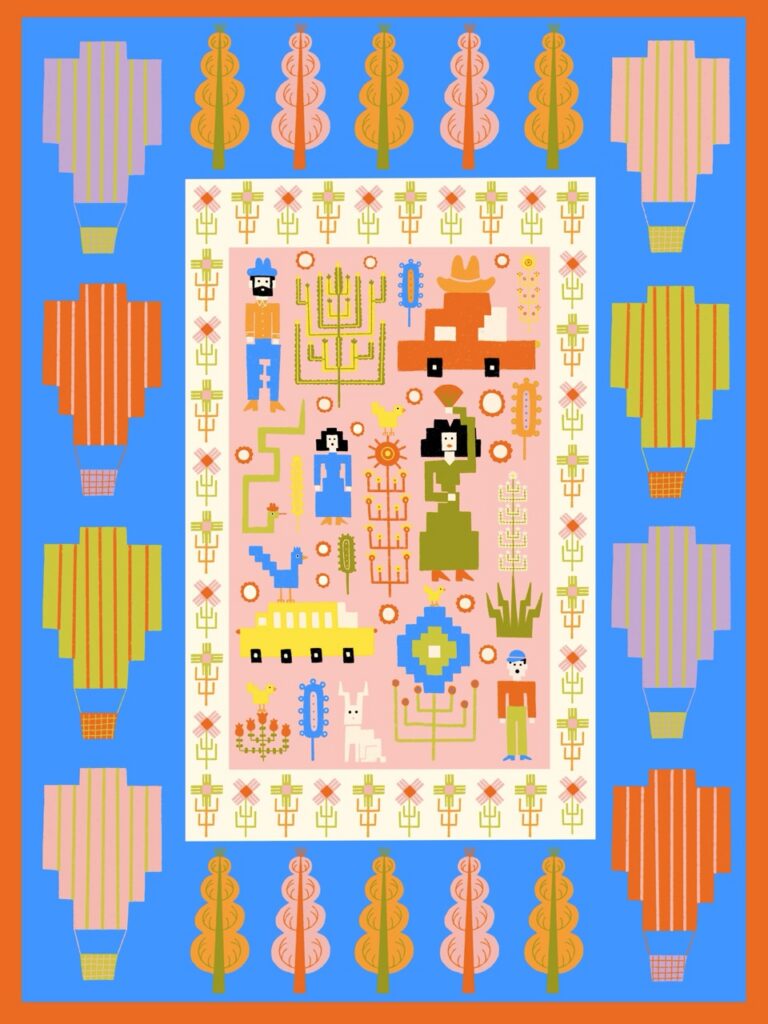 An illustration of people in a box with a boarder of hot air balloons and trees.