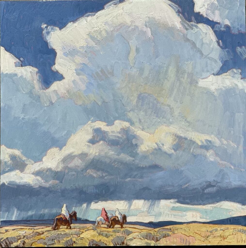 A painting of a desert under a blue sky and clouds.