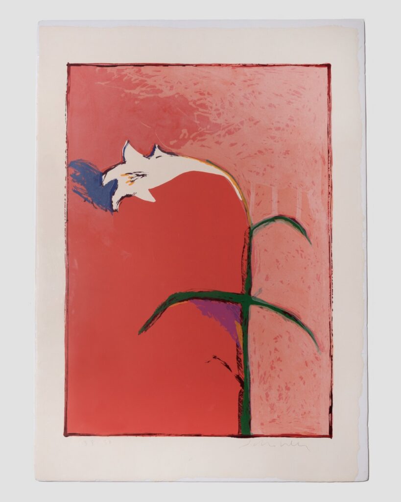 A painting of a white flower drooping on a red background.