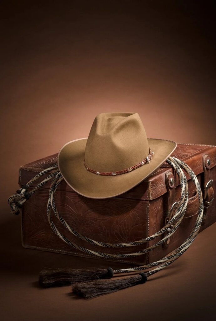 A brown background with a whip on a brown box and a cowboy hat.