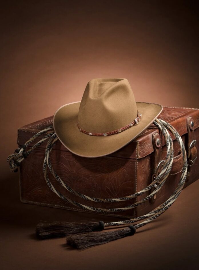A brown background with a whip on a brown box and a cowboy hat.