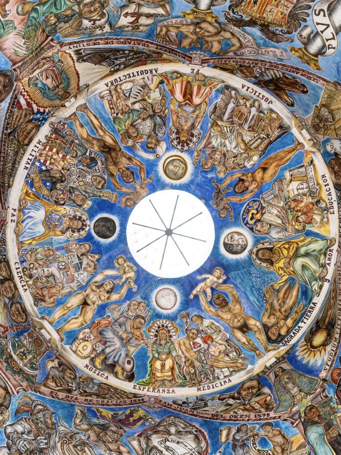 The ceiling at the National Hispanic Cultural Center featuring the upper portion of Mundos de Mestizaje, North America's largest concave fresco, painted by native New Mexican artist Frederico Vigil.
