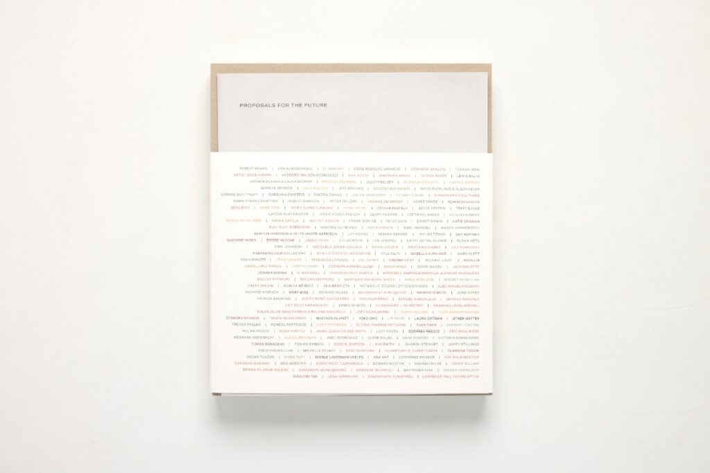 Back cover of a Radius Books art publication listing contributing artists for Proposals for the Future.