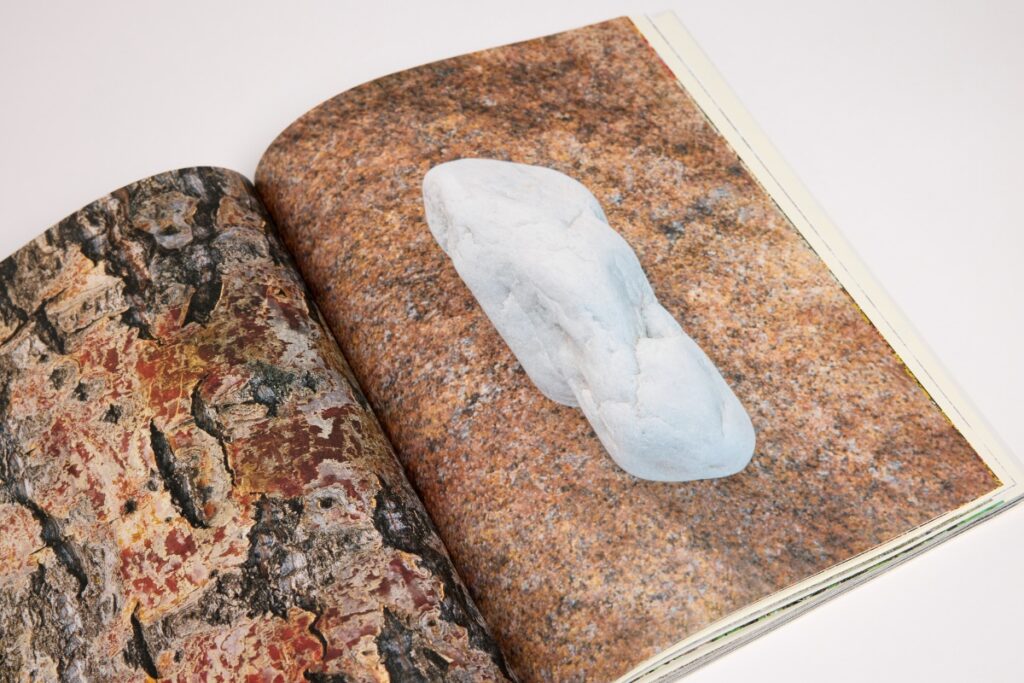 Open page spread from a Radius Books monograph displaying a smooth white stone against a textured background.