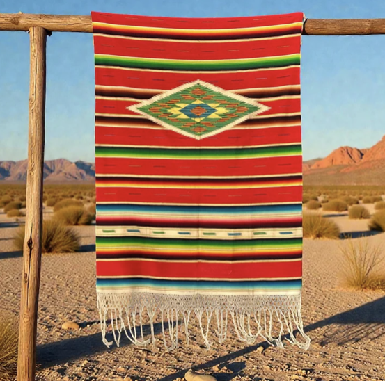 A red, green, white, and yellow striped and patterned blanket hanging over a wood rack in the desert.