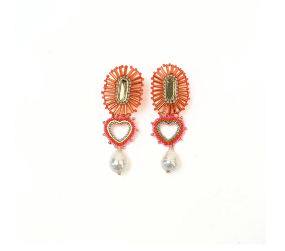 A pair of red and green heart dangle earrings.